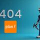 Roboter mit Werkzeug steht neben der Zahl «404» auf blauem Hintergrund, mit plan f Logo.