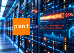 Futuristische Serverfarm mit nahezu ausgelastetem RAM und der WordPress-Fehlermeldung «Allowed memory size exhausted», mit plan f Logo.