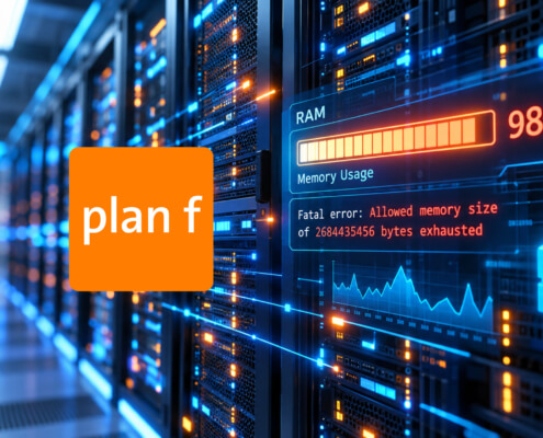 Futuristische Serverfarm mit nahezu ausgelastetem RAM und der WordPress-Fehlermeldung «Allowed memory size exhausted», mit plan f Logo.
